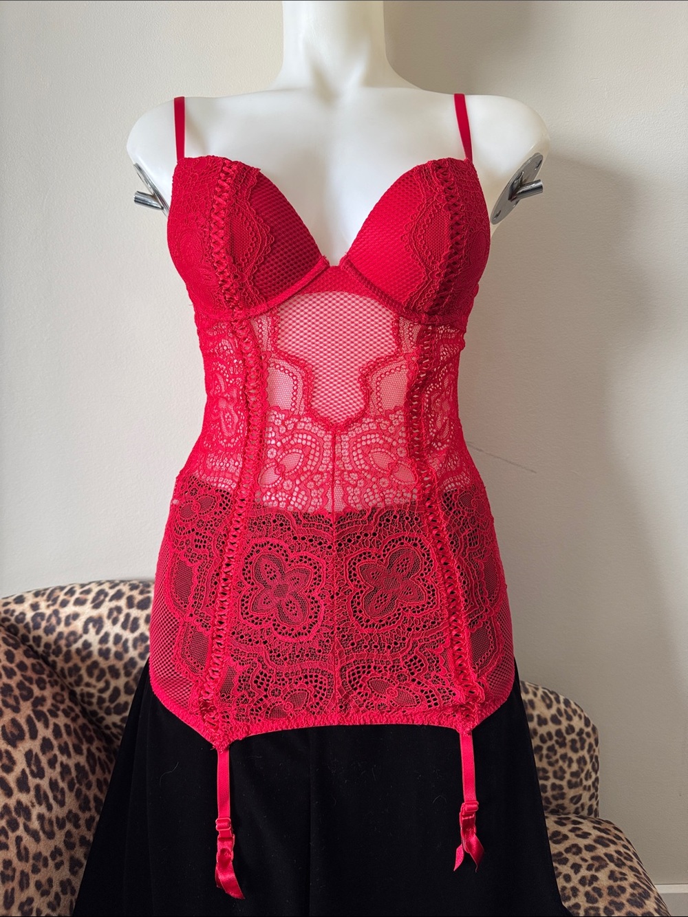 Red Lace Gartered Chemise Bodysuit